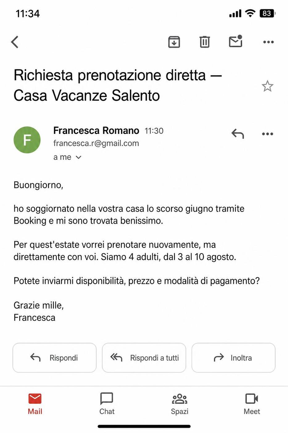 Email diretta — richiesta prenotazione