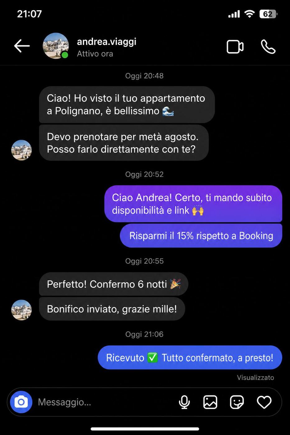 Andrea ha scoperto l'appartamento sui social e ha bypassato Booking.